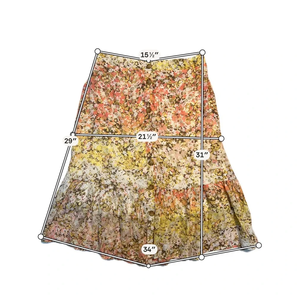Mlle Gabrielle Yellow Floral Button Front Ruffle Hem Mini Skirt XL Boho Lined